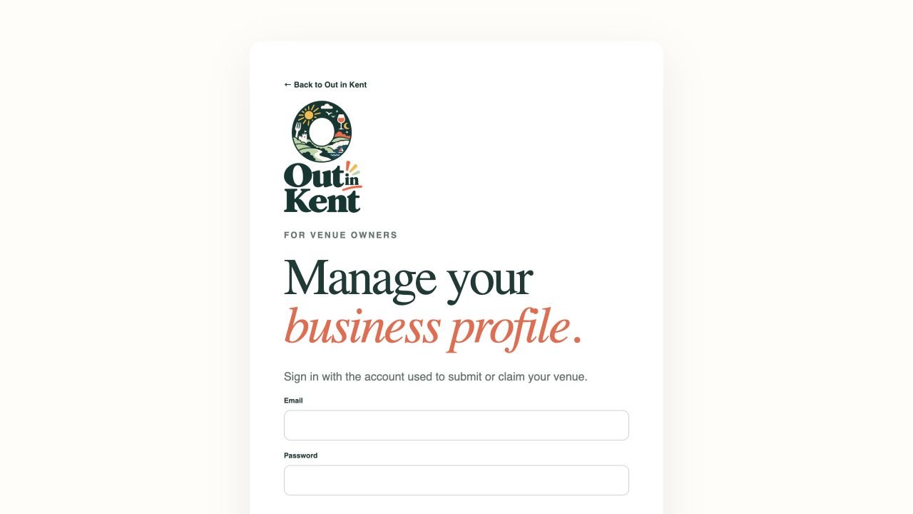 Out in Kent business profile sign-in screen