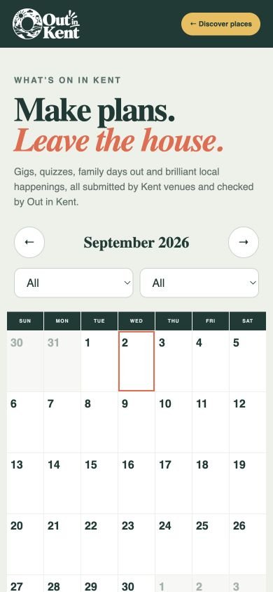 Out in Kent events calendar on a mobile phone