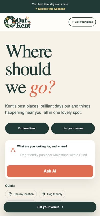 Out in Kent discovery homepage on a mobile phone