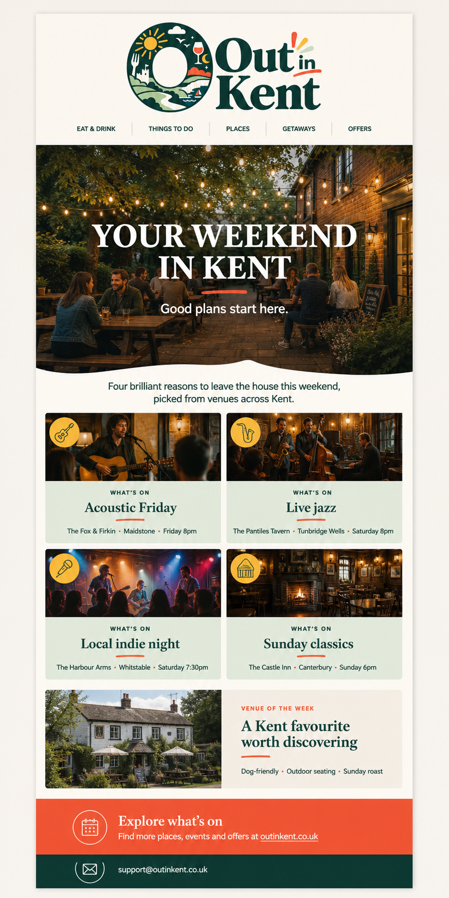 Example Out in Kent weekend newsletter promoting local venues
