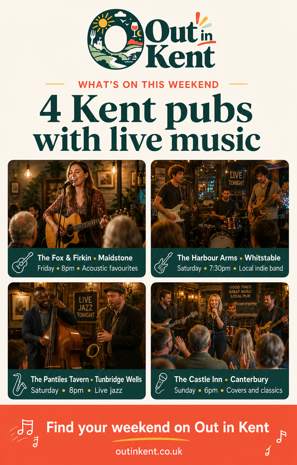 Example Out in Kent weekend social post promoting four live music venues